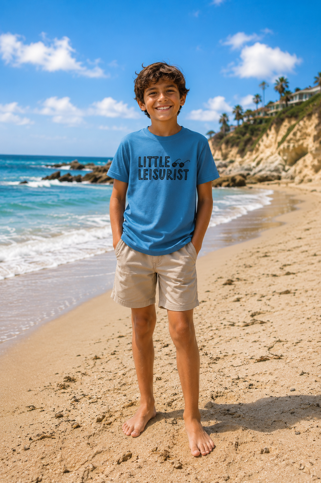 kids blue little leisurist  graphic t-shirt  by Leisurist with umbrella logo on sleeve