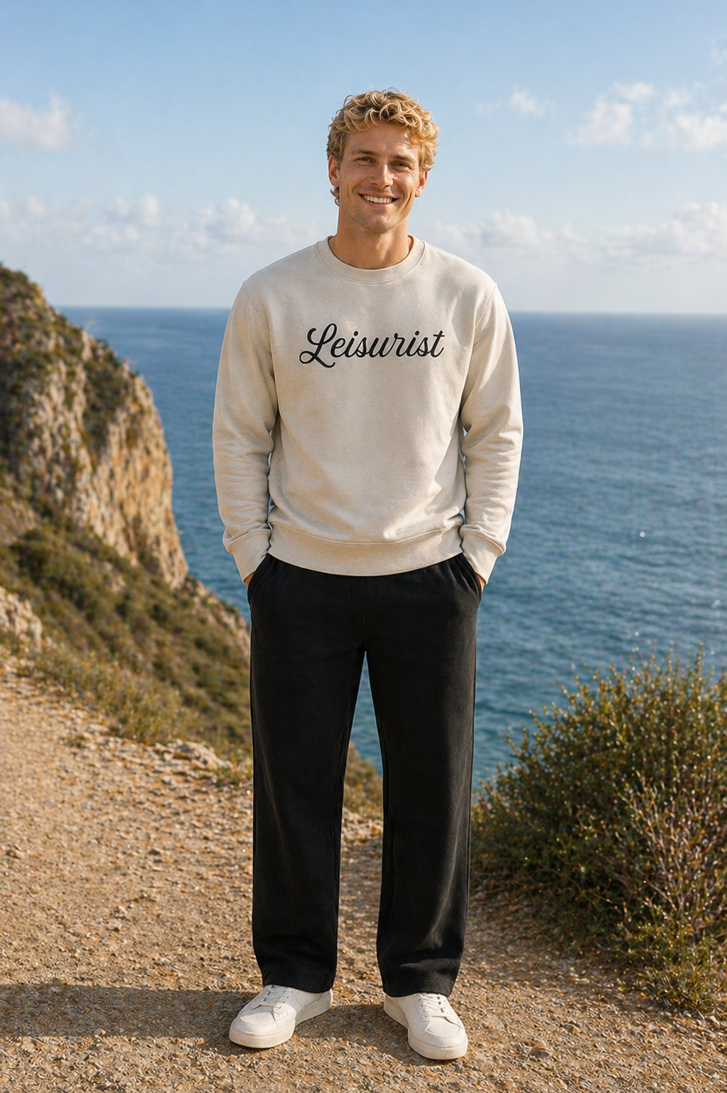 Man wearing a beige sweatshirt with  embroidered'Leisureist' text, standing on a path by the ocean.