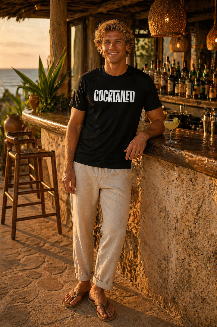 Men's black Cocktailed graphic t-shirt by Leisurist with umbrella logo on sleeve