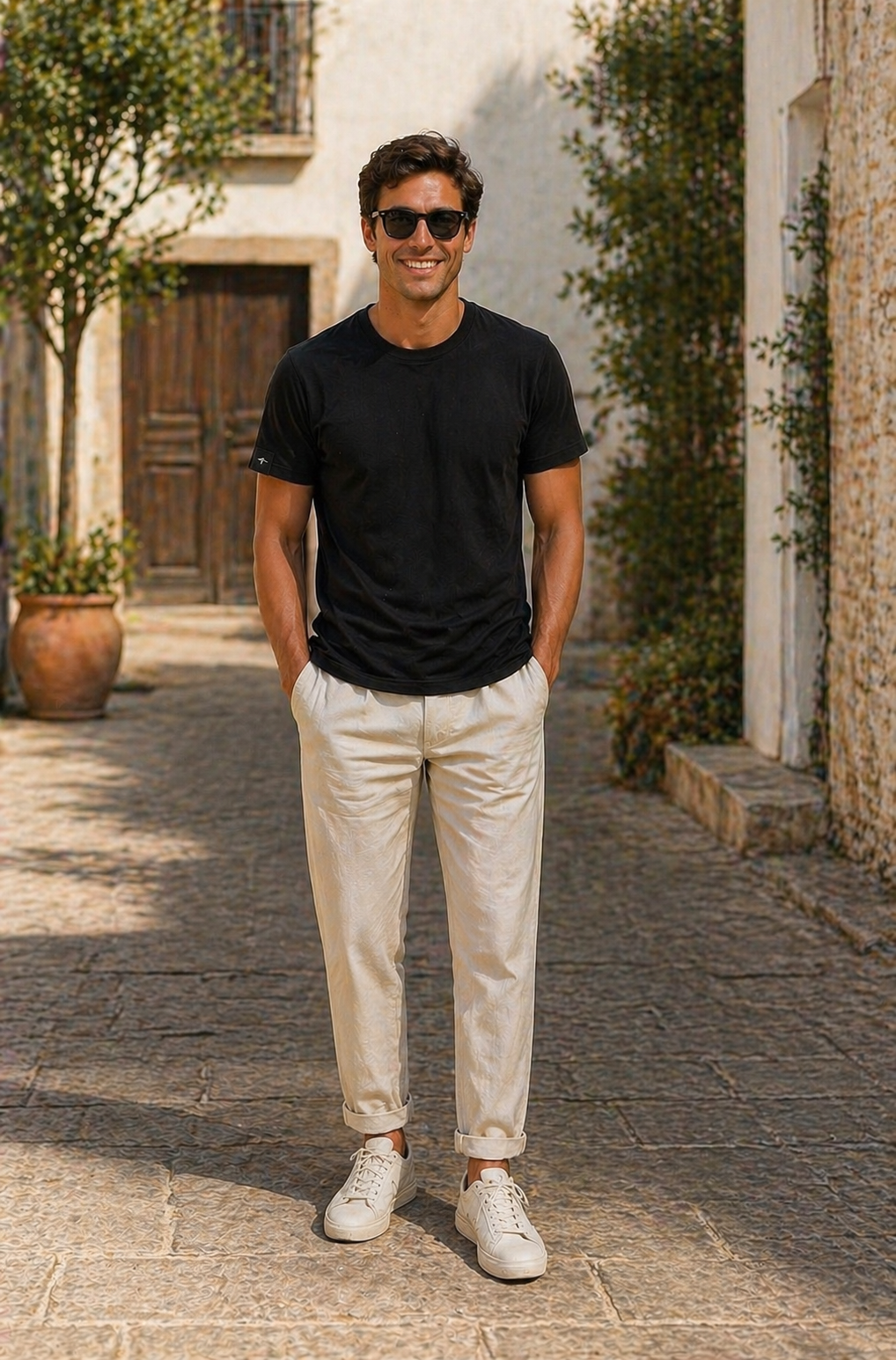 Men's classic black and navy everyday crew neck t-shirt by Leisurist with umbrella logo on sleeve